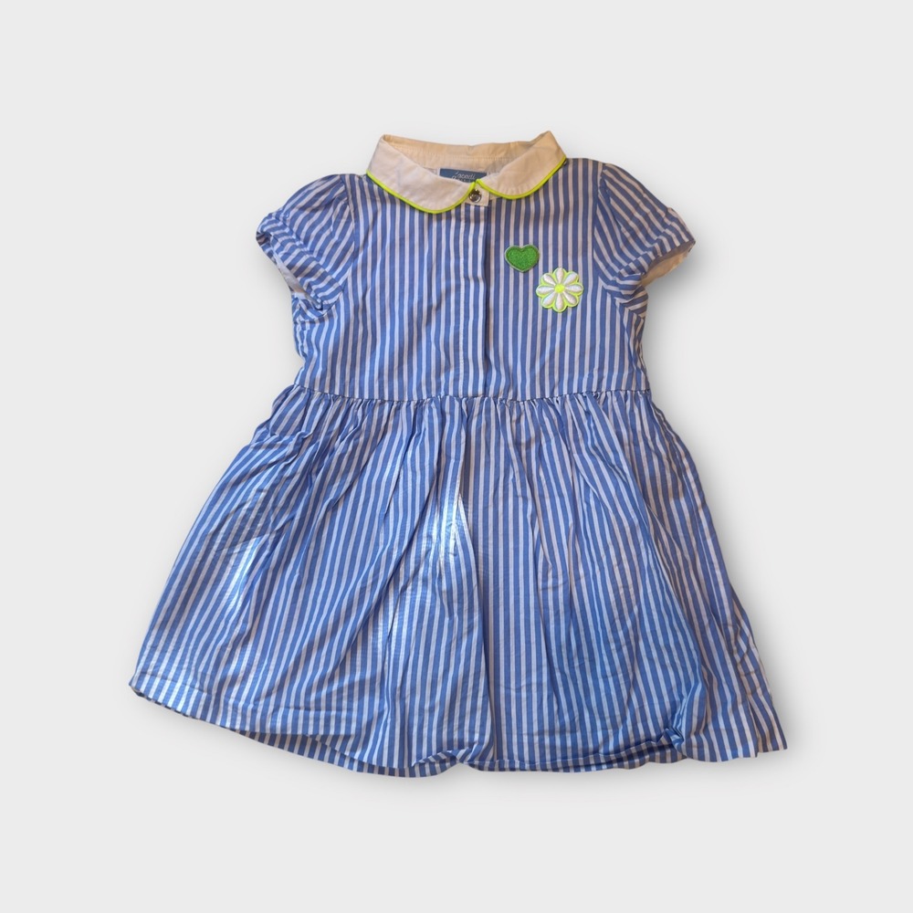 Jacadi Paris Girls Dress 24M Blue Striped Heart Flower Short Sleeve Collar‎